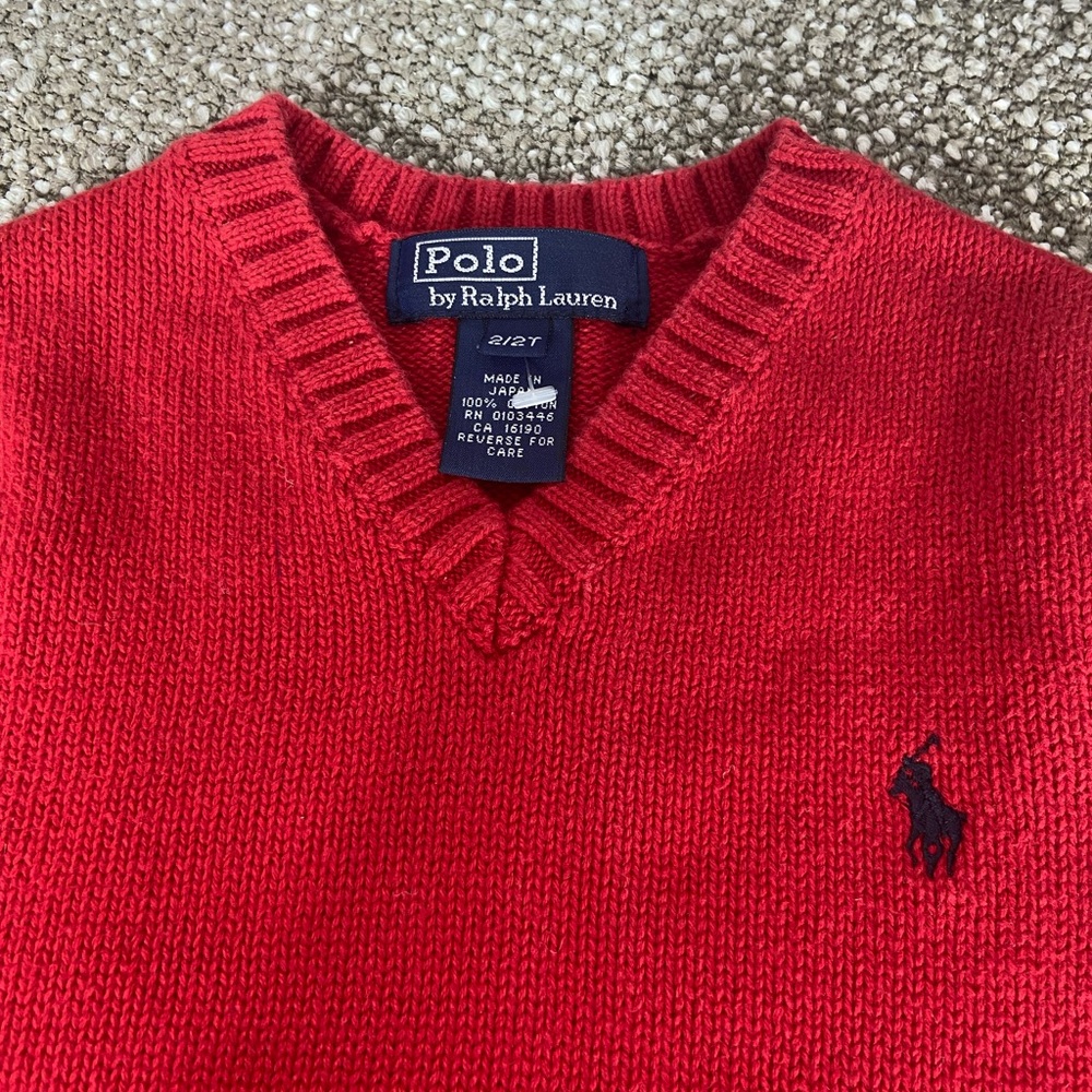 Polo by Ralph Lauren Boy Red Sweater Vest,Size 2/2T with V- Neck 100%Cotton. - Picture 3 of 4